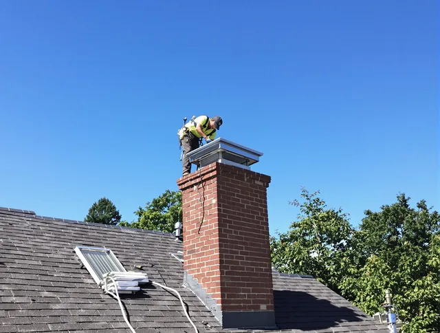 Parma Heights Chimney Sweep technician measuring a chimney cap in Parma Heights, OH