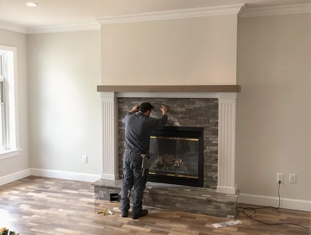 Parma Heights Chimney Sweep finishing a custom fireplace install in Parma Heights, OH